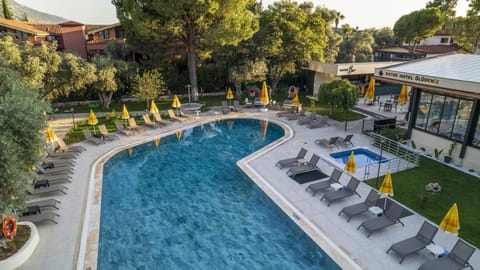 Outdoor pool, pool umbrellas, sun loungers