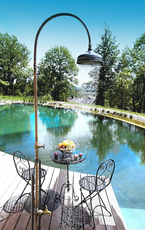 Outdoor pool, a natural pool, sun loungers
