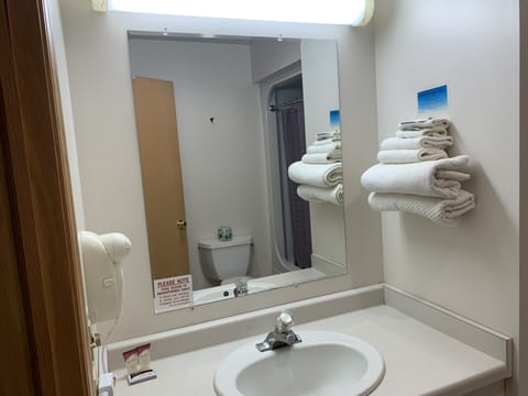 Standard Room, 1 Queen Bed | Bathroom | Combined shower/tub, hydromassage showerhead, hair dryer, towels