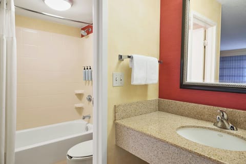 Combined shower/tub, free toiletries, hair dryer, towels