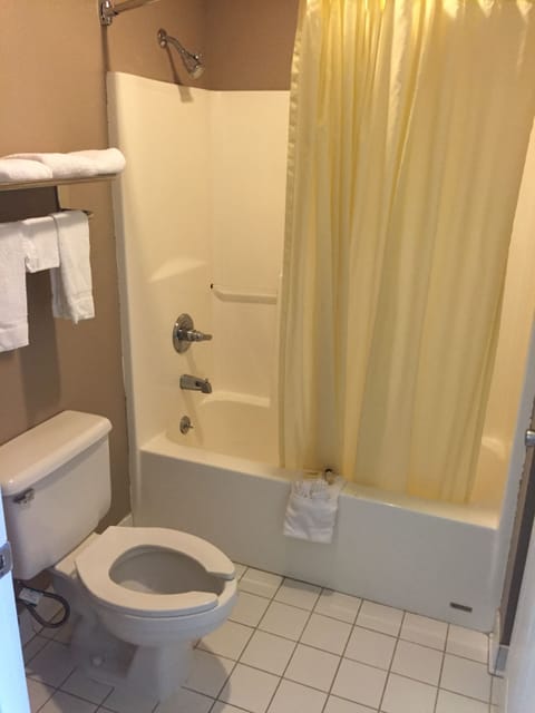 Combined shower/tub, free toiletries, towels