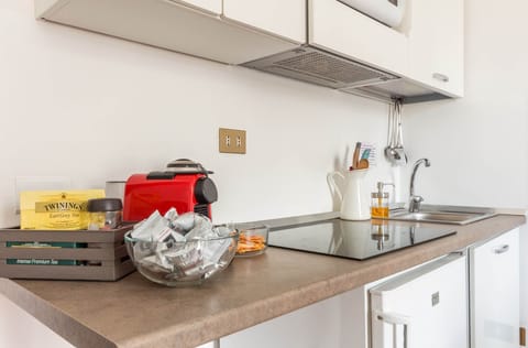 Fridge, microwave, stovetop, espresso maker