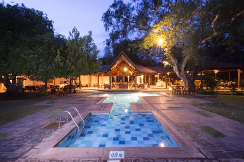 Outdoor pool, pool umbrellas, sun loungers