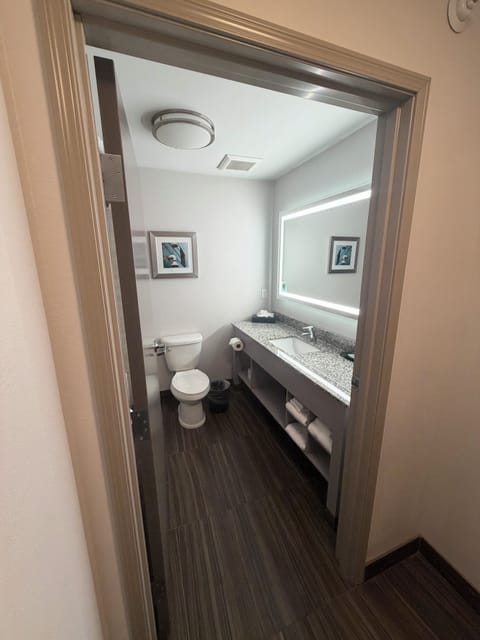 Combined shower/tub, free toiletries, hair dryer, towels