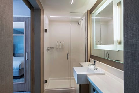 Combined shower/tub, free toiletries, hair dryer, towels