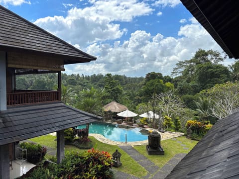 Outdoor pool, pool umbrellas, sun loungers