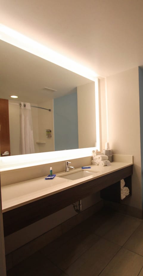 Combined shower/tub, free toiletries, hair dryer, towels