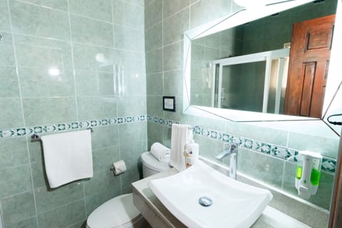 Shower, rainfall showerhead, free toiletries, hair dryer