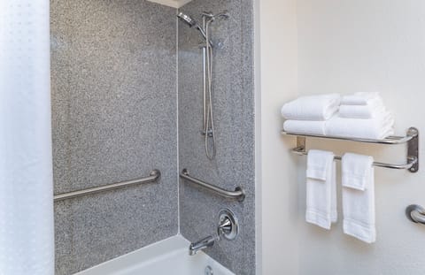 Combined shower/tub, free toiletries, hair dryer, towels