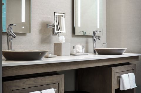 Shower, hydromassage showerhead, designer toiletries, hair dryer