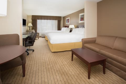 Suite, 2 Queen Beds | Desk, laptop workspace, blackout drapes, iron/ironing board