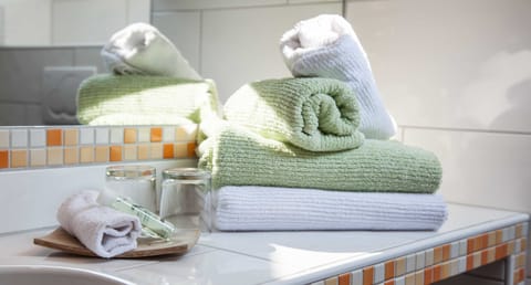 Shower, free toiletries, hair dryer, towels