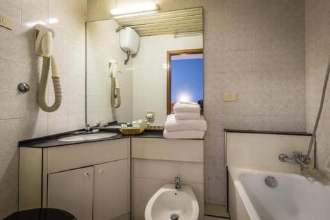 Shower, hair dryer, bidet, towels