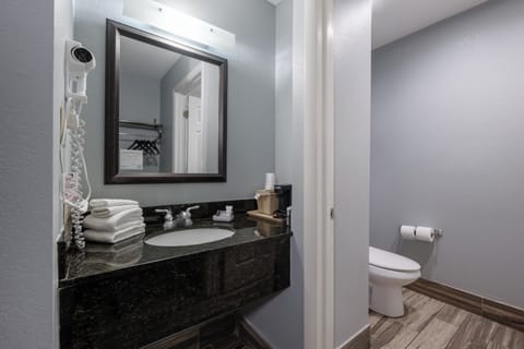 Combined shower/tub, free toiletries, hair dryer, towels