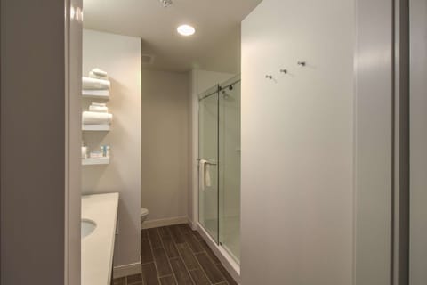 Combined shower/tub, hair dryer, towels