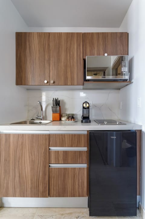 Mini-fridge, coffee/tea maker, griddle