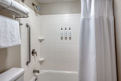 Combined shower/tub, free toiletries, hair dryer, towels