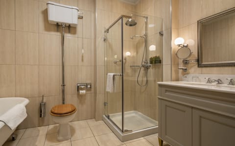 Shower, rainfall showerhead, eco-friendly toiletries, hair dryer