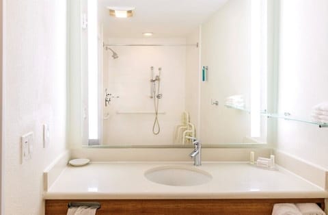 Combined shower/tub, free toiletries, hair dryer, towels