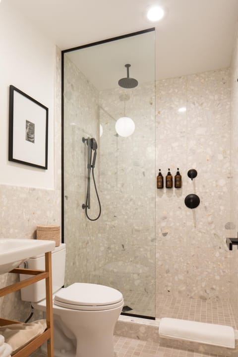 Eco-friendly toiletries, hair dryer, bathrobes, towels