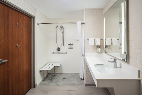 Desk, laptop workspace, blackout drapes, iron/ironing board