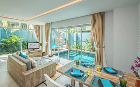 Duplex One Bedroom Pool Villa | Living area | 32-inch LCD TV with cable channels, TV