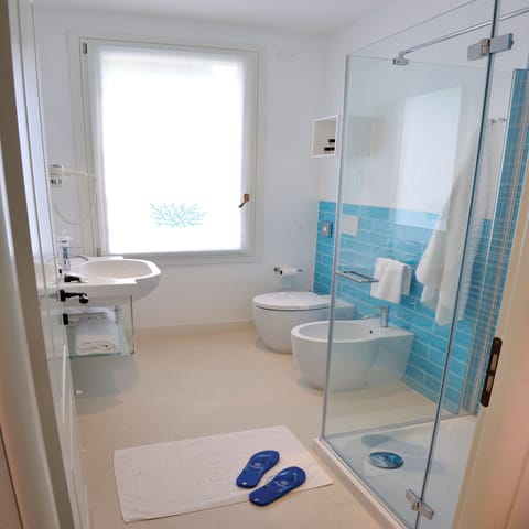 Shower, free toiletries, hair dryer, bidet