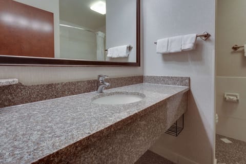 Combined shower/tub, free toiletries, hair dryer, towels