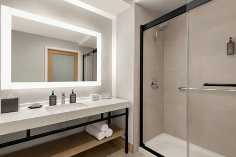 Combined shower/tub, free toiletries, hair dryer, towels