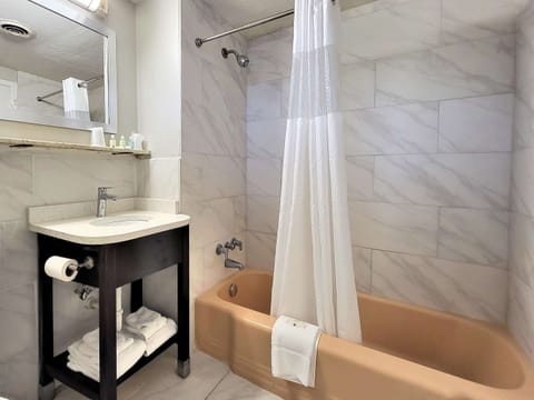 Combined shower/tub, free toiletries, hair dryer, towels