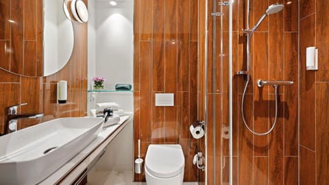 Shower, free toiletries, hair dryer, towels