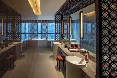 Separate tub and shower, rainfall showerhead, designer toiletries
