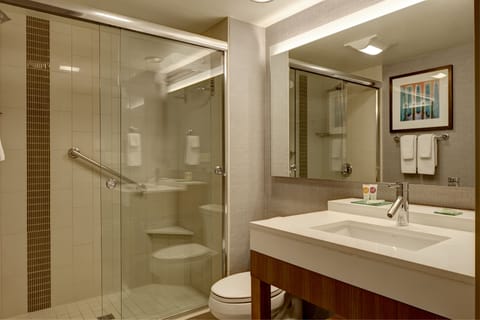 Combined shower/tub, hair dryer, towels, soap