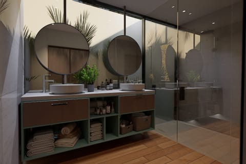 Shower, rainfall showerhead, free toiletries, hair dryer