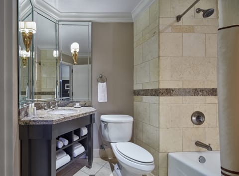 Combined shower/tub, free toiletries, hair dryer, towels