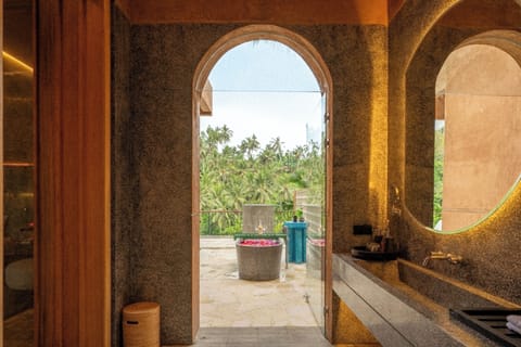 Romance River Pool Villa | Bathroom | Separate tub and shower, eco-friendly toiletries, hair dryer, bathrobes