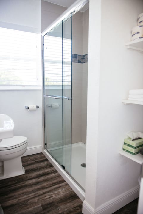 Shower, rainfall showerhead, free toiletries, hair dryer