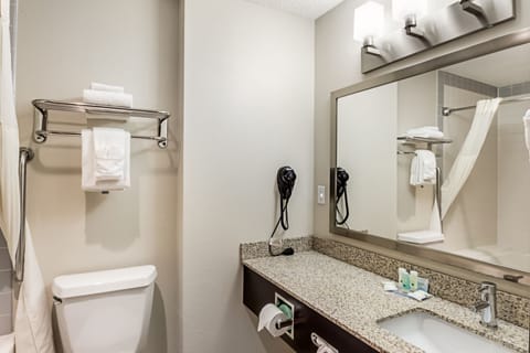 Hydromassage showerhead, free toiletries, hair dryer, towels