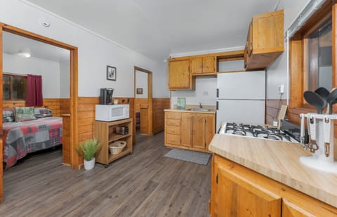 Black Bear Cabin | Private kitchen | Full-size fridge, microwave, oven, stovetop
