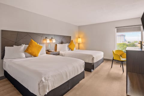 Standard Room, 2 Queen Beds, Non Smoking | In-room safe, desk, laptop workspace, soundproofing