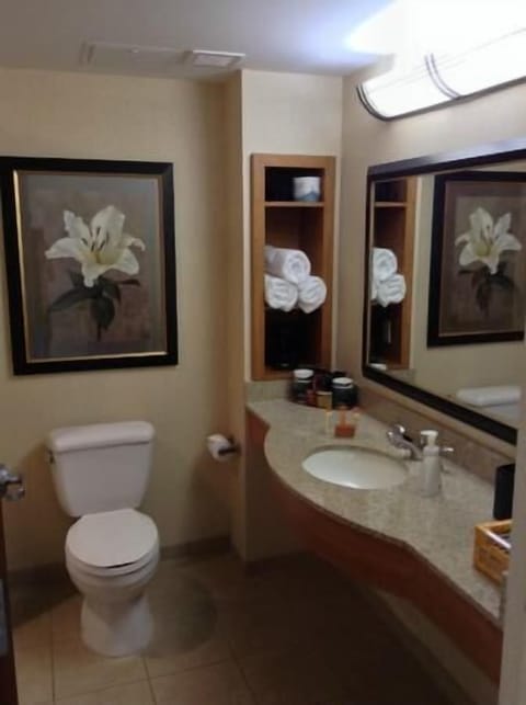 Combined shower/tub, designer toiletries, hair dryer, towels