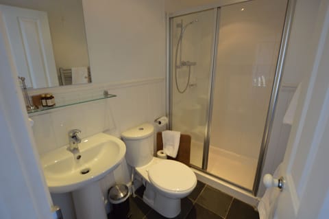 Combined shower/tub, free toiletries, hair dryer, towels