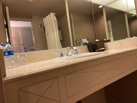 Combined shower/tub, eco-friendly toiletries, hair dryer, towels