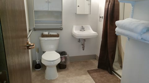 Combined shower/tub, towels