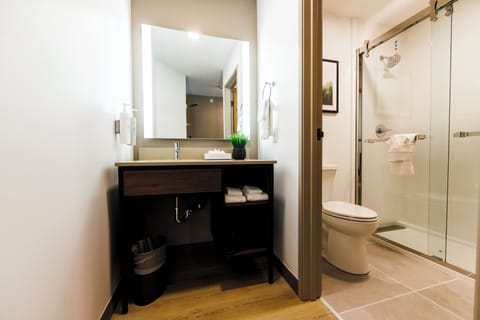 Combined shower/tub, free toiletries, hair dryer, towels