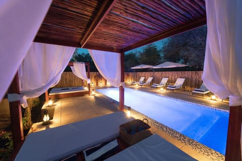 Outdoor pool, pool umbrellas, sun loungers