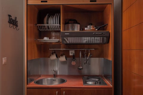 Fridge, stovetop, coffee/tea maker, electric kettle