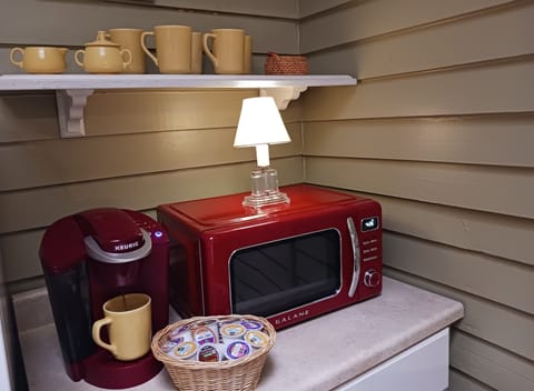 Fridge, microwave, coffee/tea maker, toaster