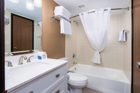 Combined shower/tub, hair dryer, towels, soap