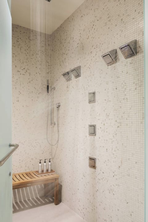 Shower, rainfall showerhead, hair dryer, bathrobes